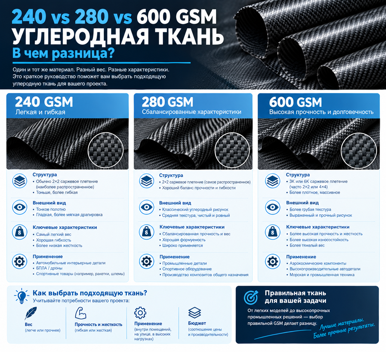 Как выбрать между 240, 280 или 600 GSM углетканью?
