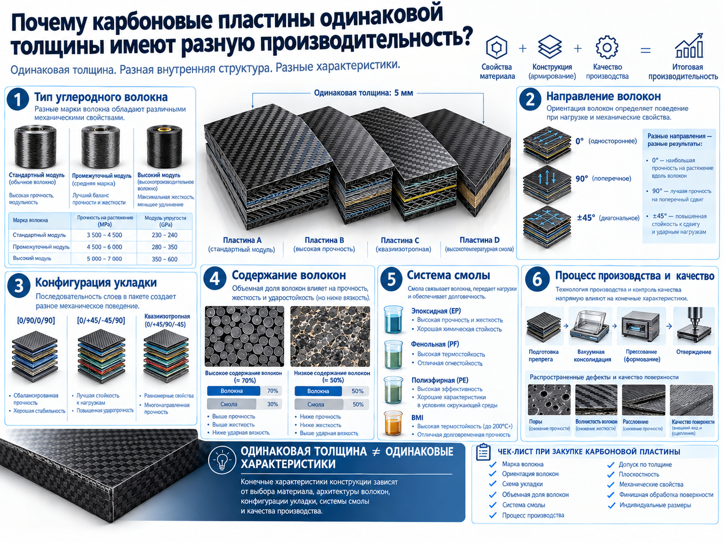 Почему карбоновые пластины одинаковой толщины имеют разные характеристики?